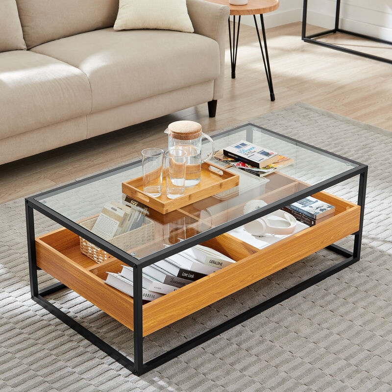Saarinen Two-Level Modern Sunken Glass Display Shelf Rectangle Low Coffee Table