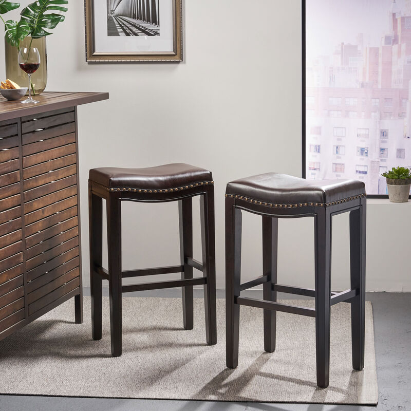 Modern Backless Bonded Leather and Rubberwood Barstool (Set of 2)