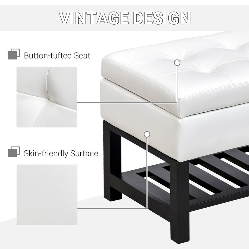 Versatile White Seat: 44" Tufted Faux Leather Ottoman with Shoe Storage
