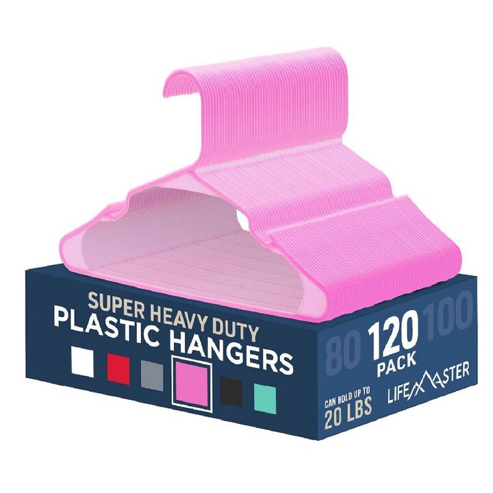 Plastic Clothes Hangers – Heavy Duty Hanger Set, for Organizing Clothes, Dresses, and Coat, Holds Up to 5 lbs, Space-Saving Hangers with Non-Slip Shoulder Grooves, Pack of 120, Pink