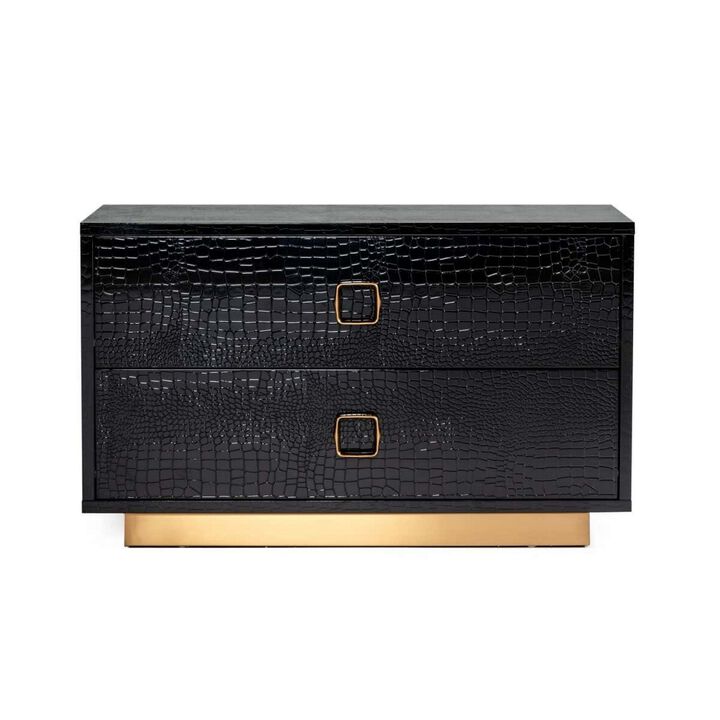 Hart 32 Inch Nightstand, 2 Drawers, Crocodile Skin Texture, Lacquer, Black-Benzara