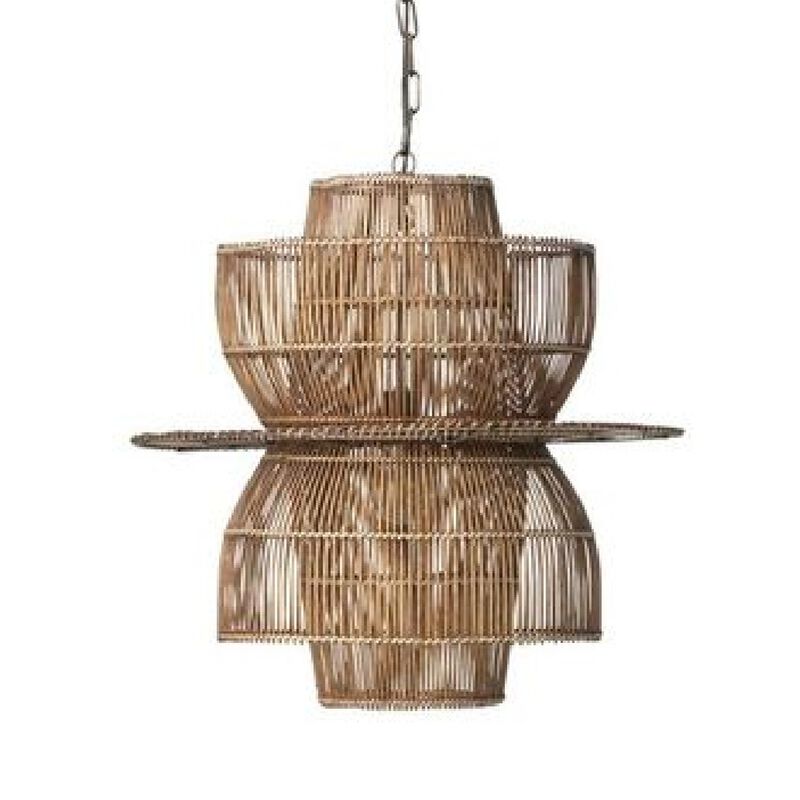 24 Inch Rattan Pendant Chandelier, Natural Brown, Brass-Benzara