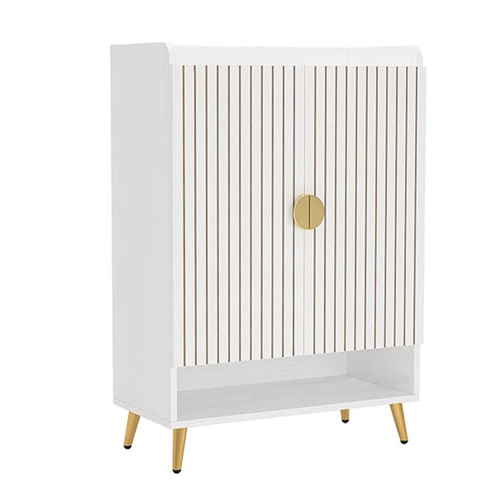 Shoe Cabinet, 43 Inch 7 Tier Shelves, Brown Ribbed Doors, Gold, White - Benzara