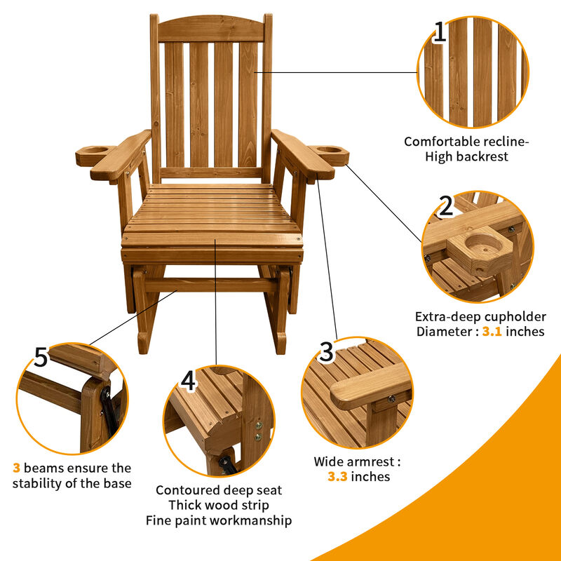 Wooden Patio Glider for One Person, with High Back and Deep Contoured Seat, Solid Fir Wood, Heavy Duty 600 LBS (Teak Tone)