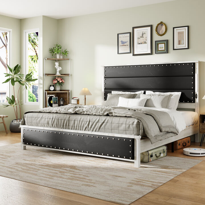 Size Bed Frame with Upholstered Headboard, Bed Frame with Charging Station and LED Lights, Wood Slats, Dark Gray Faux Leather & Rivets, No Box Spring Needed, Easy Assembly