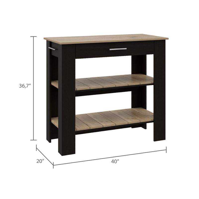 DEPOT E-SHOP Kitchen Island 37" H, Two Open Storage Shelves, One Drawer, Four Legs,Towel Hanger, Black / Light Oak