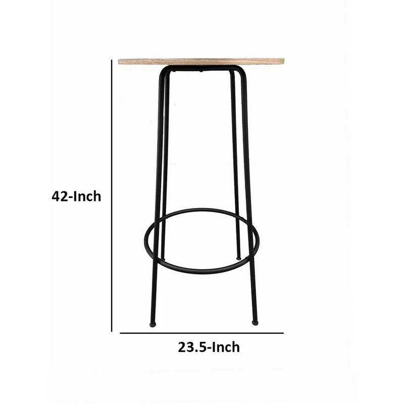 Neni 42 Inch Bar Table, Round Natural Brown Wood Top, Modern Black Metal - Benzara