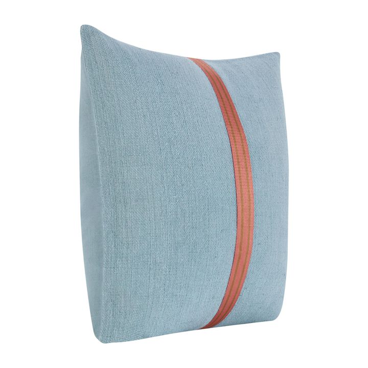 Reto Throw Pillow, 22 Inch Striped Tape Applique, Blue Cotton Linen - Benzara