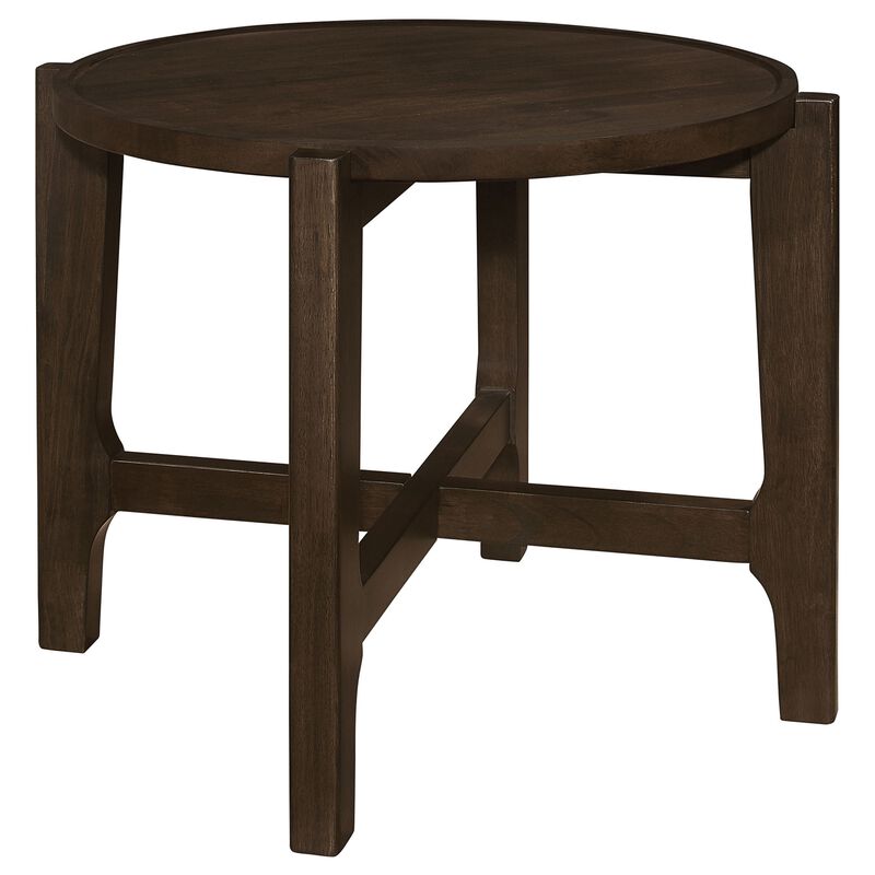 Katie End Table, Round 26 Inch Top, Dark Brown Solid Wood, Cross Beam Legs - Benzara