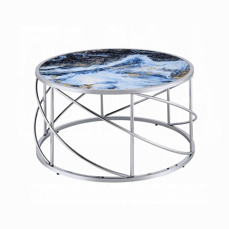 Shira Round Coffee Table, 33 Inch, Open Chrome Base, Blue Faux Marble - Benzara