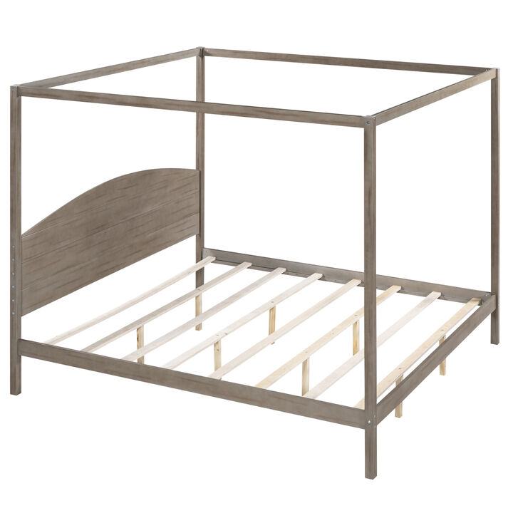 King Size Canopy Platform Bed With Headboard And Support Legs, Wash
