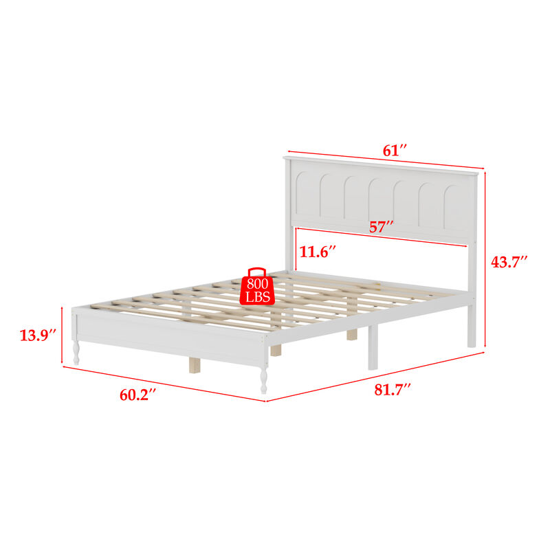 FUFU&GAGA Modern White Rubberwood Bed with Slats, 800 lbs Weight Capacity (81.7" L x 43.7" H x 60.2" W), White