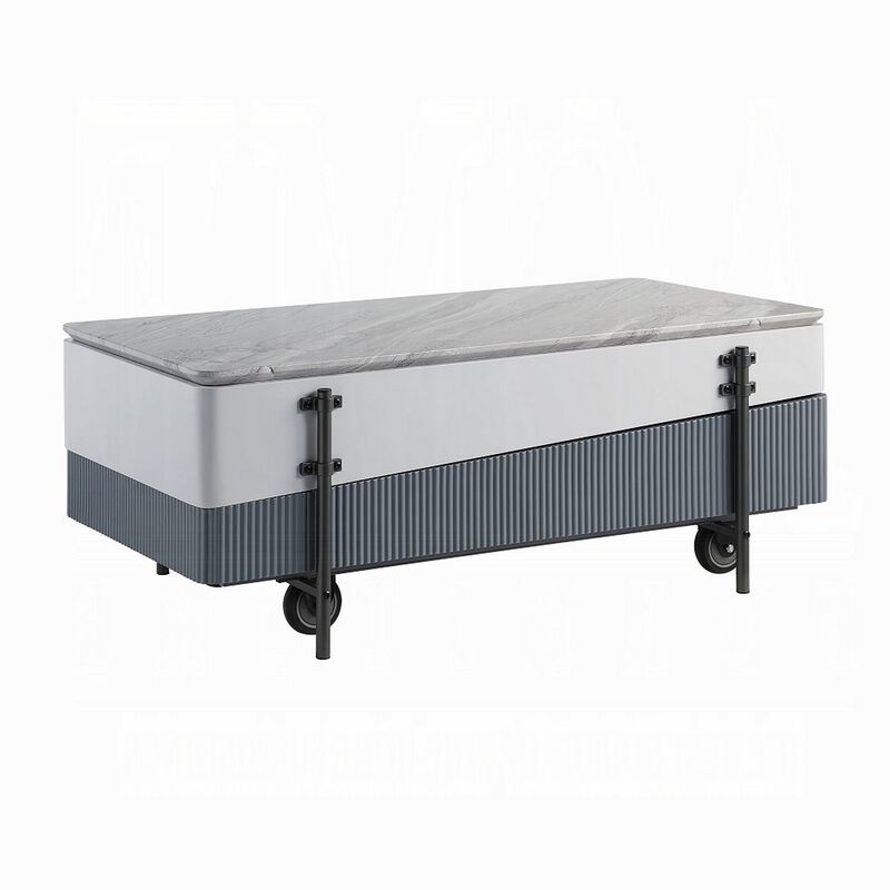 Mindy Coffee Table with Lift Top, 3 Compartments, White Gray 47 Inch - Benzara