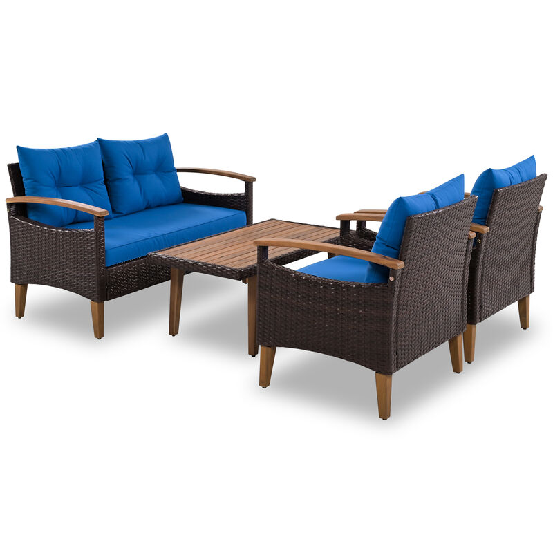 4-Piece Garden Furniture, Patio Seating Set, PE Rattan Outdoor Sofa Set, Wood Table And Legs
