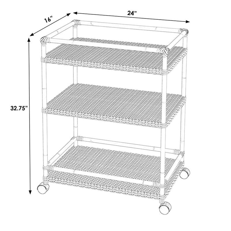 Butler Specialty Tobias Outdoor Rattan and Metal 3- Tier Rattan Bar Cart, Beige and White