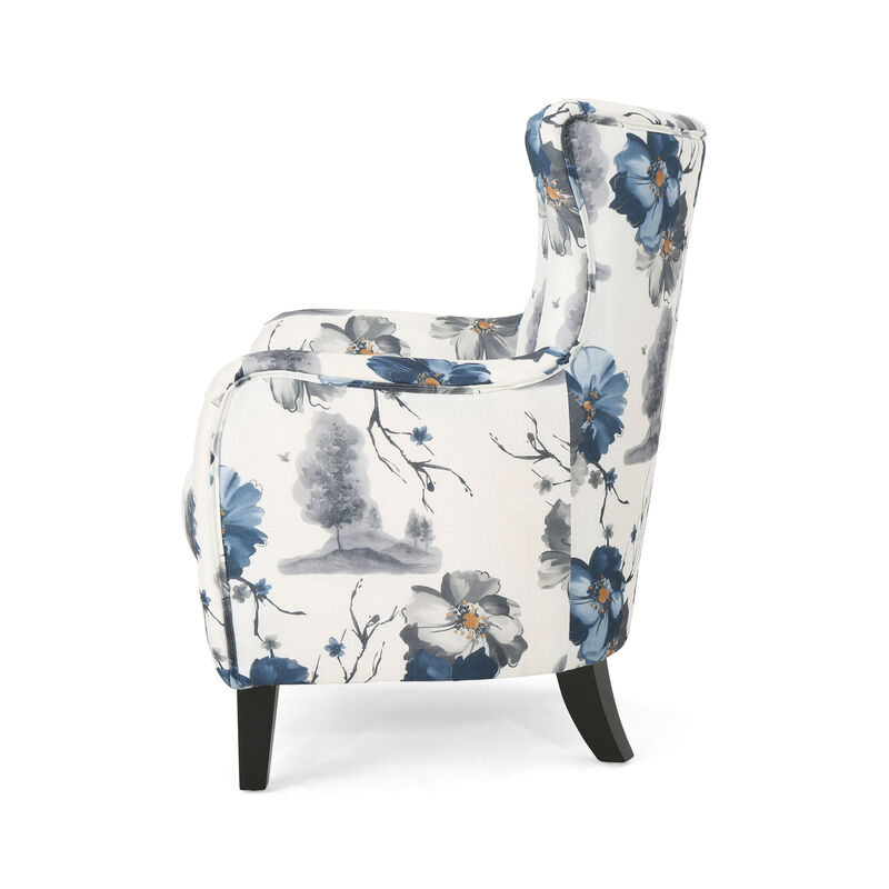 Riyank Wingback Armchair, White Blue Gray Floral Design, Black Wood Legs - Benzara