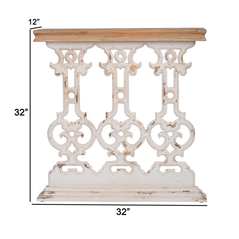 32 Inch Console Table, Fir Wood, Traditional, Scrollwork, Antique White-Benzara
