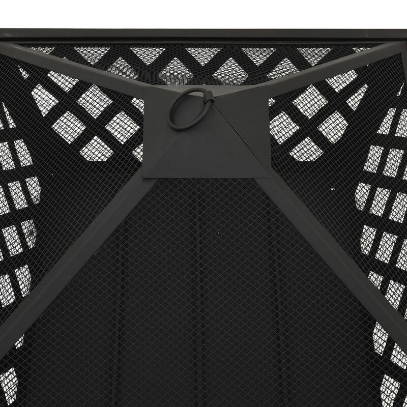 Outdoor Fire Pit with Poker n Mesh Cover, 25 Inch Square, Black Steel - Benzara