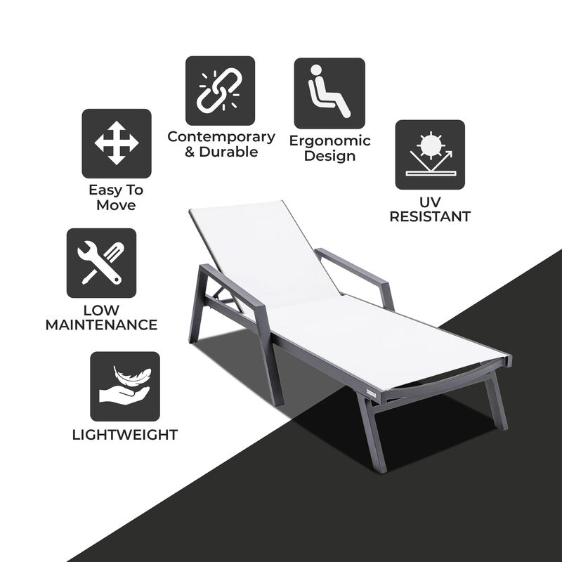 LeisureMod Marlin Patio Chaise Lounge Chair with Armrests – Black Aluminum Frame & Navy Blue Mesh for Outdoor Comfort