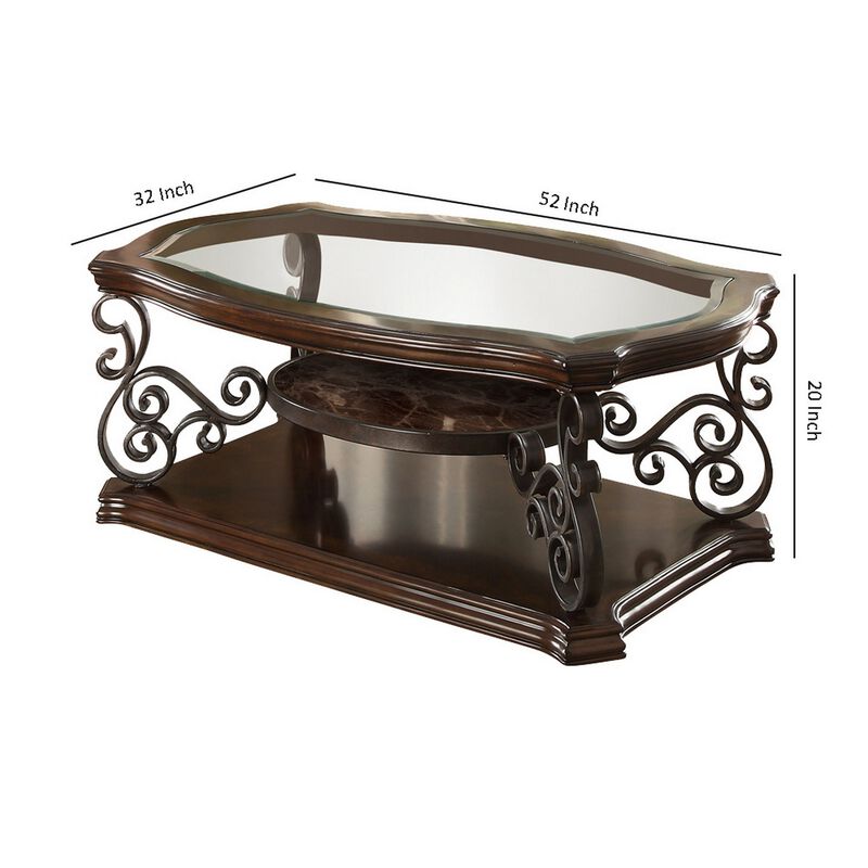 Tempered Glass Top Wooden Coffee Table with Ornate Metal Scrollwork, Brown-Benzara
