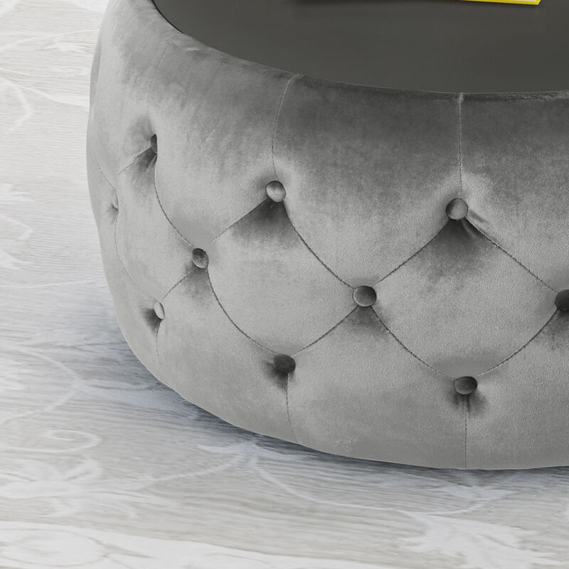 Modern Glam Diamond Tufted Velvet Ottoman with Tempered Glass Top