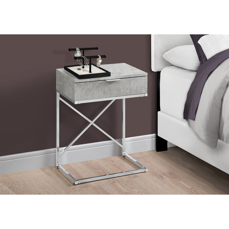 Monarch Specialties I 3471 Accent Table, Side, End, Nightstand, Lamp, Storage Drawer, Living Room, Bedroom, Metal, Laminate, Grey, Chrome, Contemporary, Modern