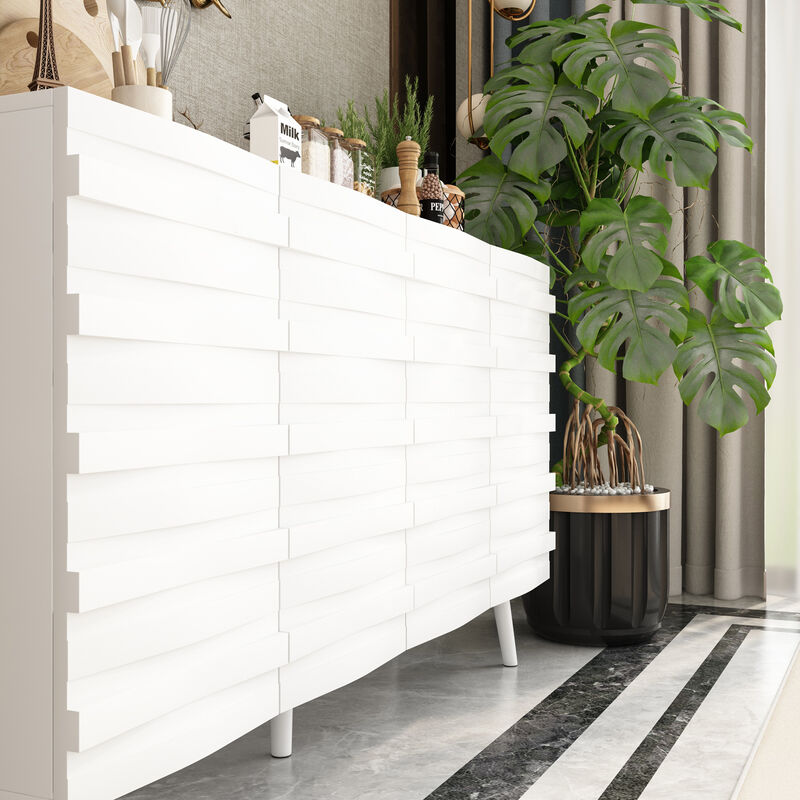 FUFU&GAGA Modern Storage Cabinet with White Embossed Design and Solid Wood Legs, Stylish Organizer for Living Room or Bedroom (55.1"W x 31.4"H x 15.7"D),White