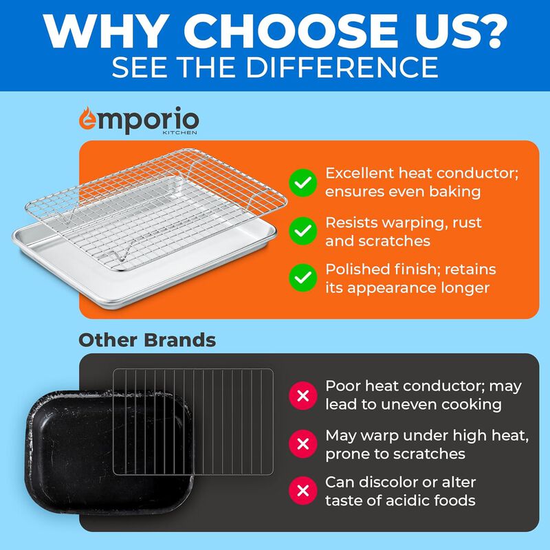 Baking Pan Set - 13" x 18" Aluminum Baking Pan with Stainless Steel Cooling Rack Set, PFOA, PFOS, PTFE Free, Recipe Booklet Included, Oven Safe Tray, Resist Heat Up To 500° F, Set of 2