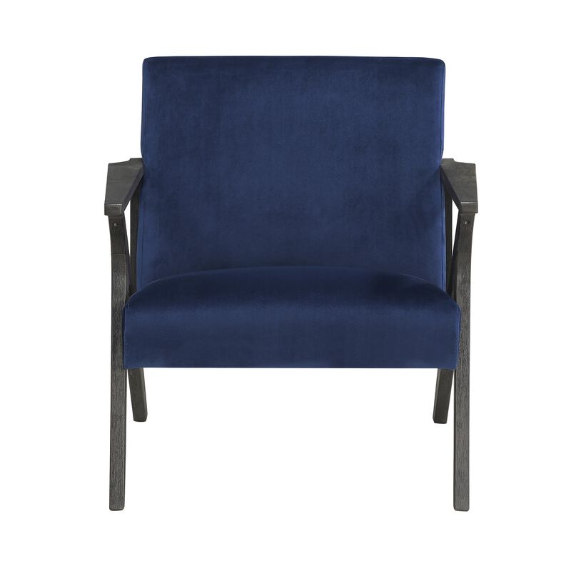 Esme 35 Inch Accent Chair Wood Armchair, Blue Velvet Cushioned Seat, Gray - Benzara