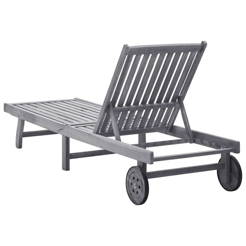 Outdoor Sun Chaise Lounger, Gray Solid Acacia Wood, Casters, 78 Inch - Benzara