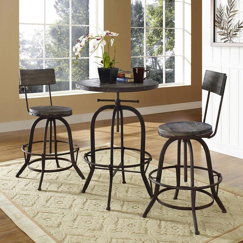 Modway Procure Rustic Farmhouse Pine Wood and Cast Iron Adjustable Height Two Bar Stools in Brown