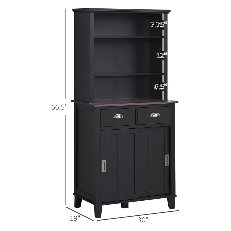 Black Kitchen Organizer: Pantry Cabinet with Sliding Doors and Drawers