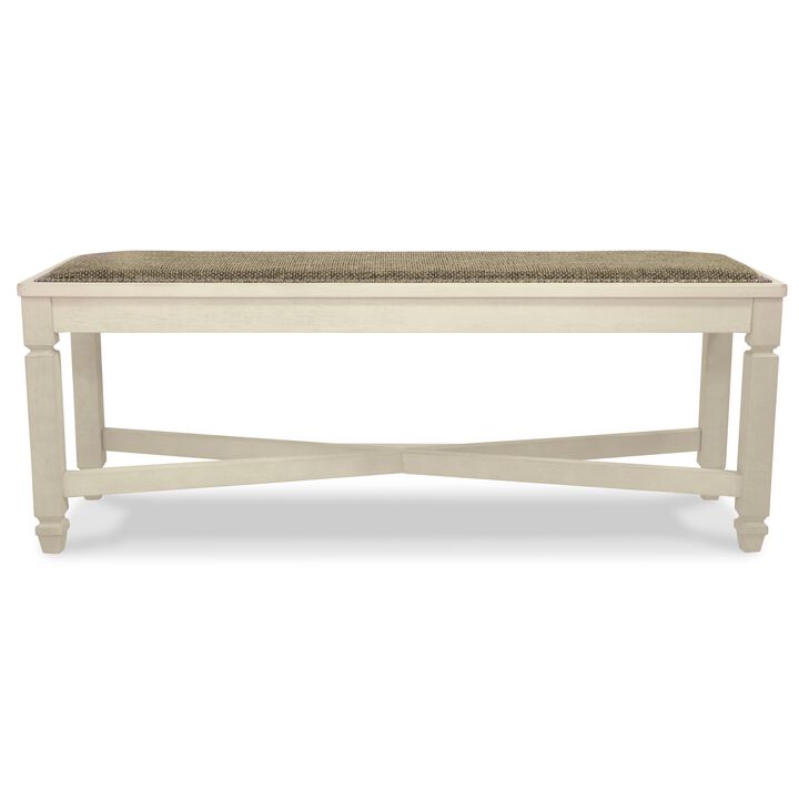 Bolan Large Dining Bench with Heavy Woven Fabric, White Wood, 50 Inch - Benzara