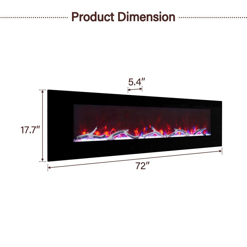 72 Inch 1500W Wall-Mount Fireplace with Multicolor Flame