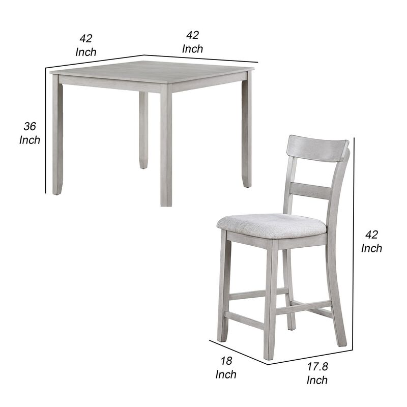 Cher 5 Piece Set Counter Height Dining Table, 4 Chairs, Gray Fabric, Wood - Benzara