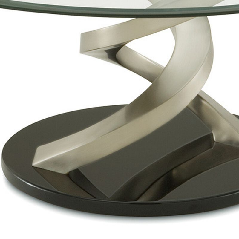 Coffee Table with Twisted Metal Base and Round Glass Top, Silver and Black-Benzara