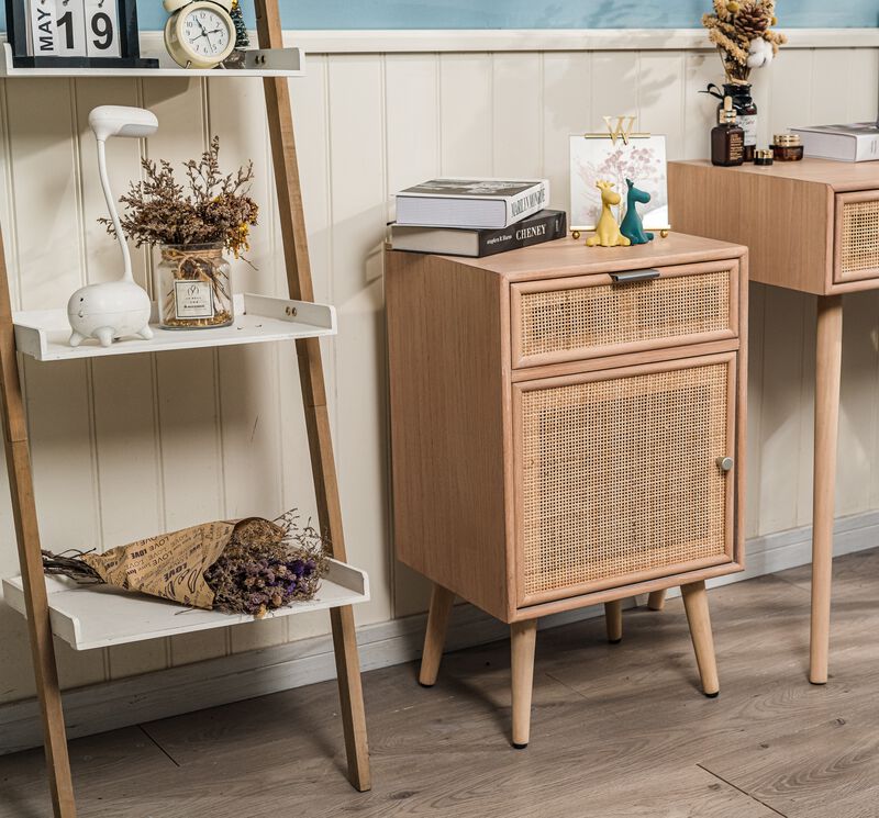 Scandinavian Bedside Table in Wood with Rattan Drawer