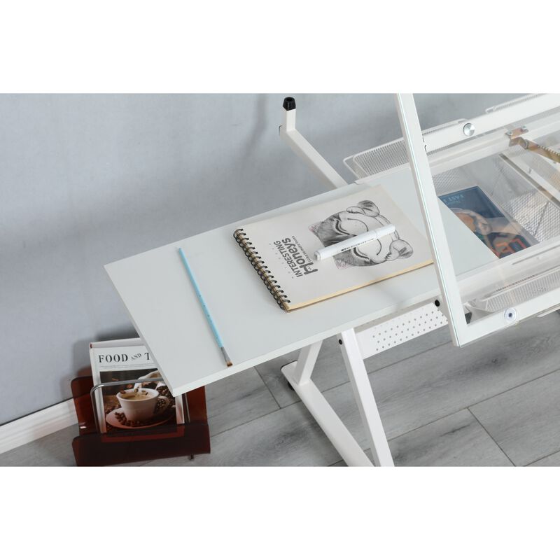 White Adjustable Tempered Glass Drafting Printing Table With Chair