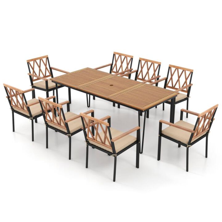 Hivvago 9-Piece Patio Dining Set 35.5 Inch Acacia Wood Table with Umbrella Hole and 22.5-Inch Wide Chairs