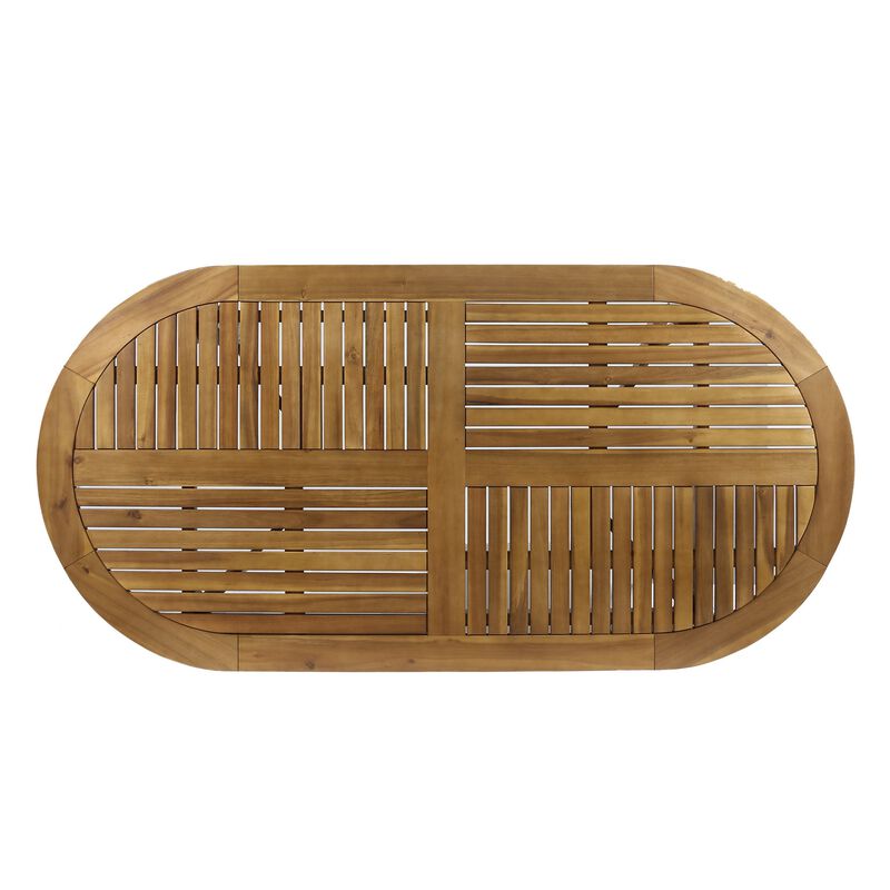 Outdoor Dining Table, 70 Inch Slat Style Oval Top, Teak Acacia Wood - Benzara