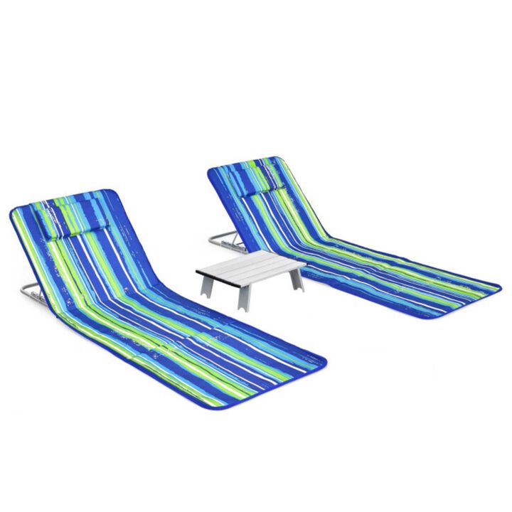 Hivvago 3 Pieces Beach Lounge Chair Mat Set 2 Adjustable Lounge Chairs with Table Stripe