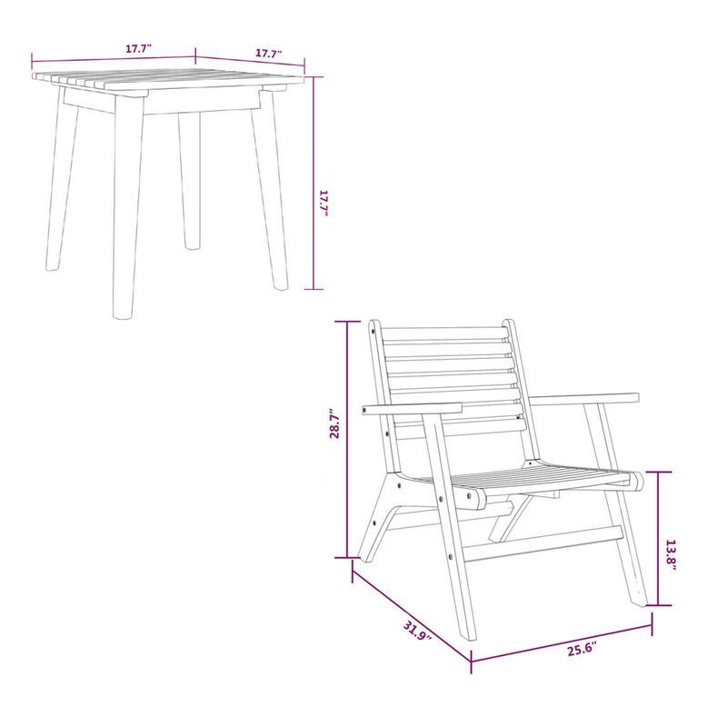 3pc Outdoor Tea Table Set, 2 Chair, Slatted Solid Brown Acacia Wood - Benzara
