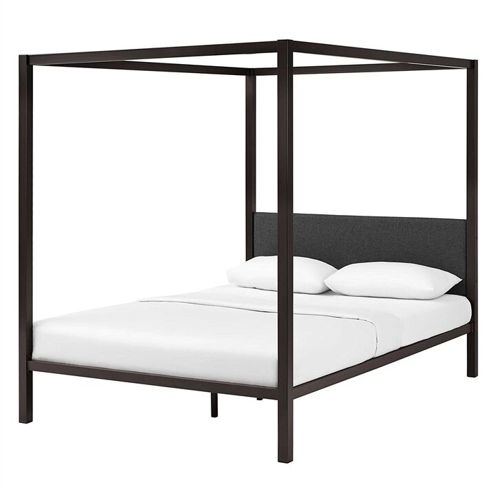 Hivvago Queen size Brown Metal Canopy Bed Frame with Grey Upholstered Headboard