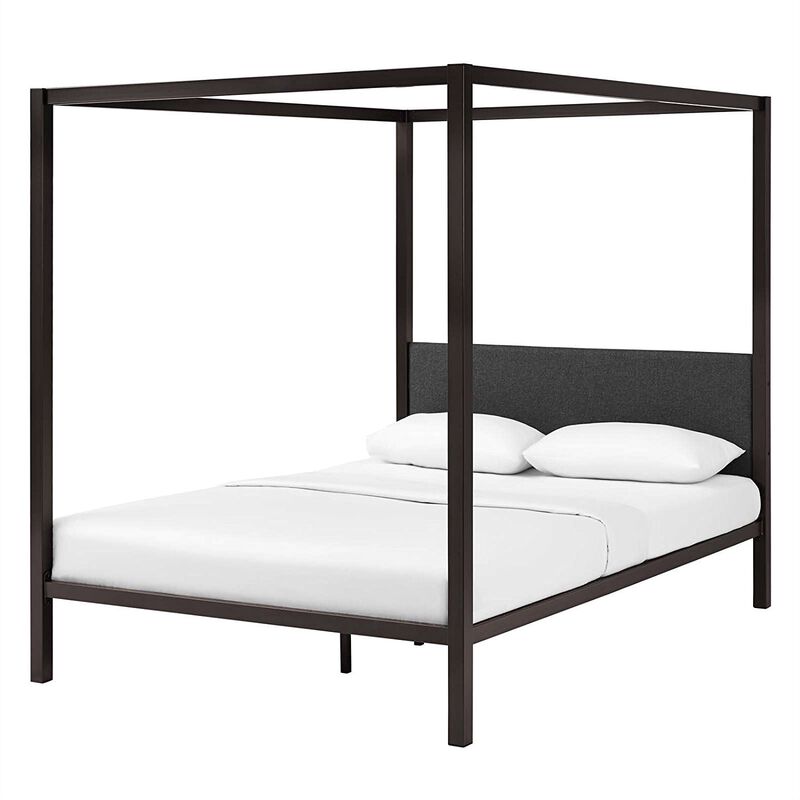 Hivvago Queen size Brown Metal Canopy Bed Frame with Grey Upholstered Headboard