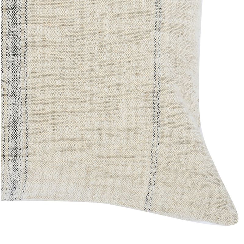 Tia 22 Inch Square Accent Throw Pillow with Woven Black Stripe, Beige Linen-Benzara