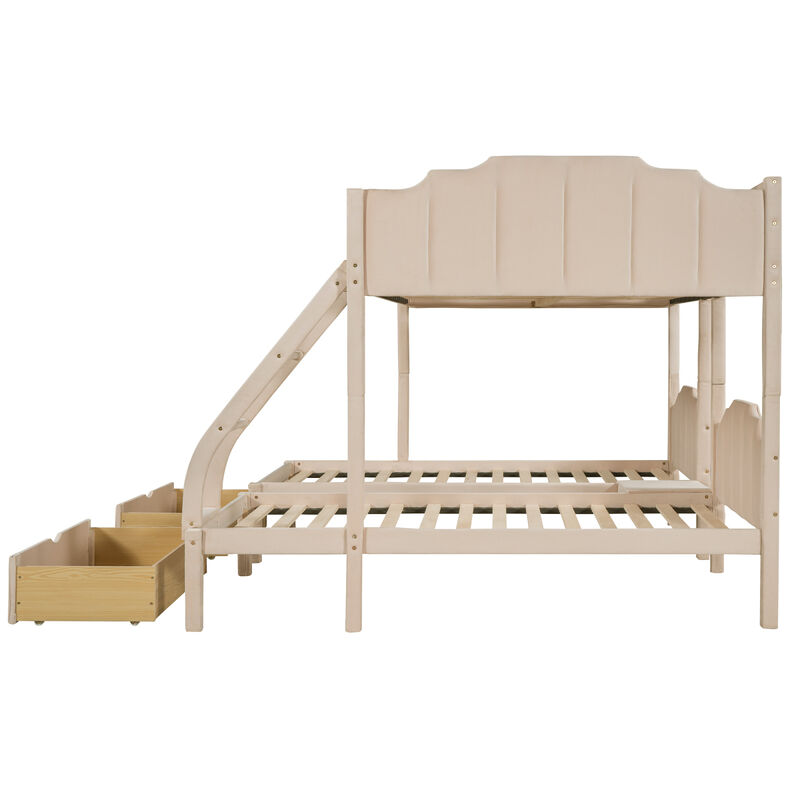 Full Over Twin & Twin Bunk Bed, Velvet Triple Bunk Bed With Drawers And Guardrails