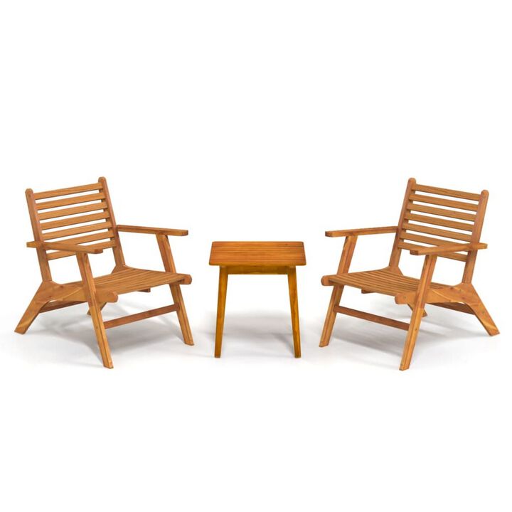 3pc Outdoor Tea Table Set, 2 Chair, Slatted Solid Brown Acacia Wood - Benzara