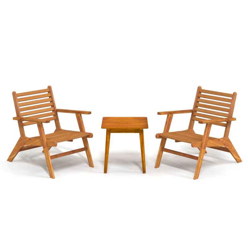 3pc Outdoor Tea Table Set, 2 Chair, Slatted Solid Brown Acacia Wood - Benzara