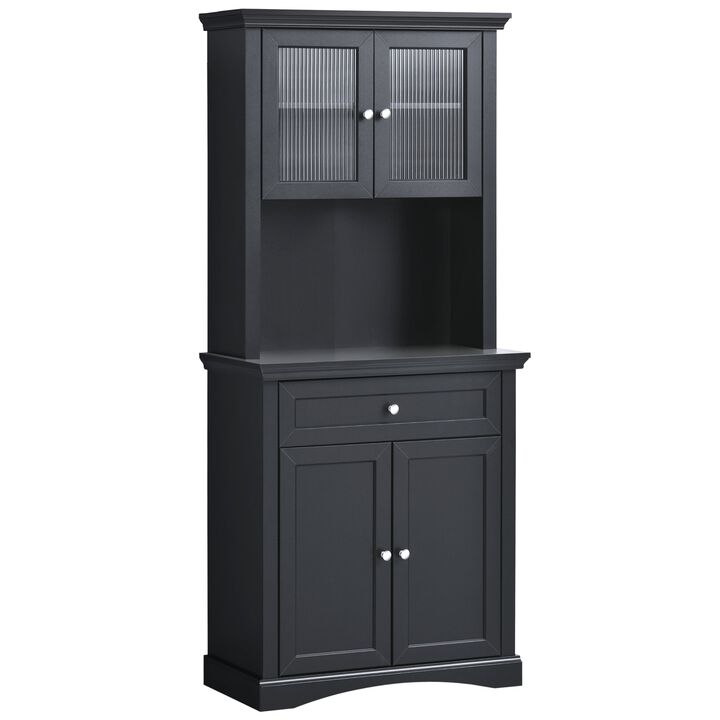Black Kitchen Tower: 71" Freestanding Hutch Cabinet with Doors and Drawer