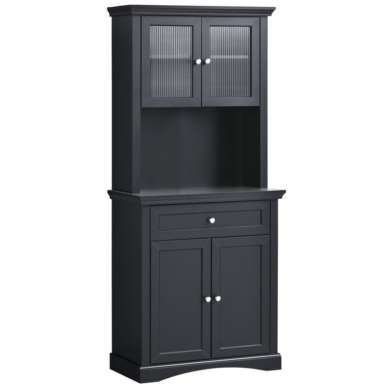 Black Kitchen Tower: 71" Freestanding Hutch Cabinet with Doors and Drawer